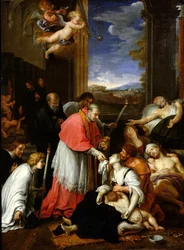 Der heilige Karl Borromäus (1538-84) spendet 1576 den Pestopfern in Mailand das Sakrament